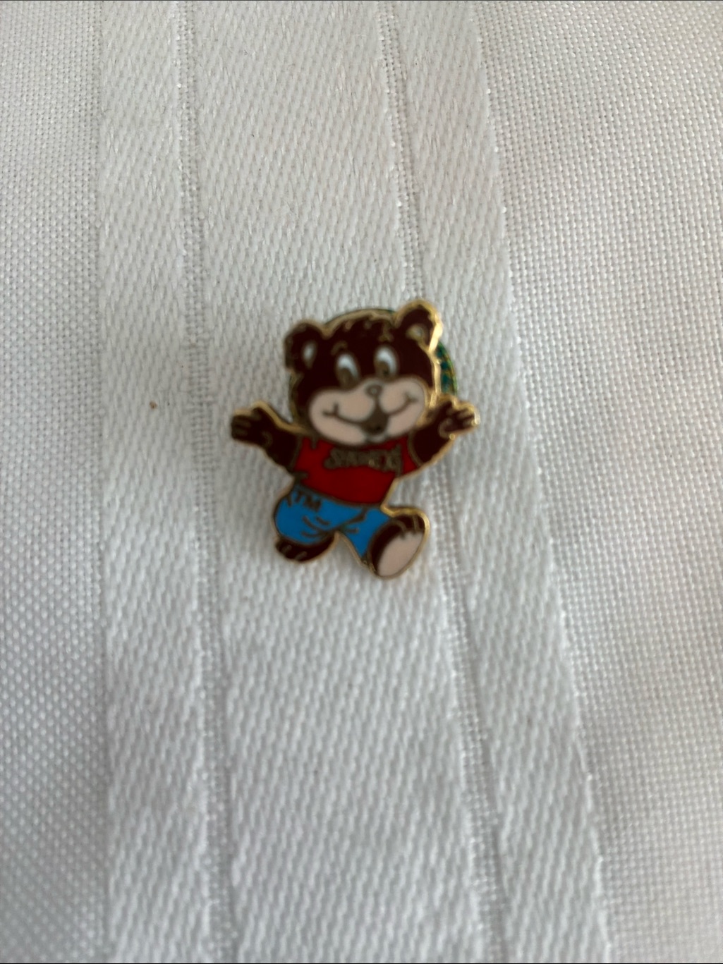 Shoney’s Cute Brown Bear Enamel Pin - Red & Blue Accent